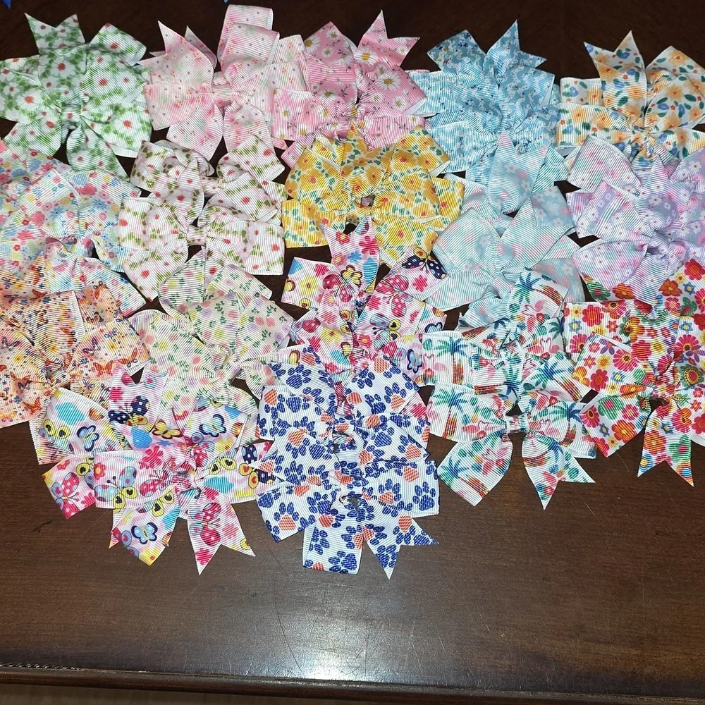 (J20) 34 Total Each, Colorful Floral Patterned Hair Bows Clips for Kids